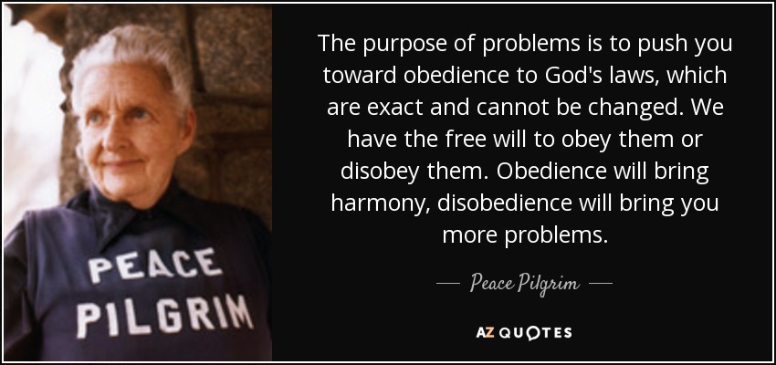 The purpose of problems is to push you toward obedience to God's laws, which are exact and cannot be changed. We have the free will to obey them or disobey them. Obedience will bring harmony, disobedience will bring you more problems. - Peace Pilgrim