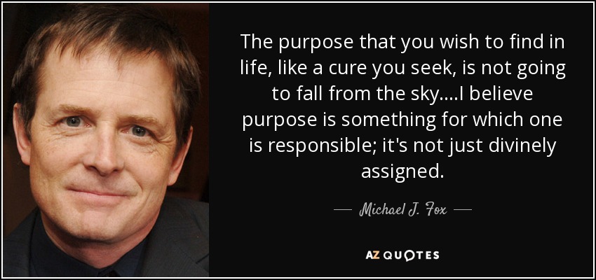 The purpose that you wish to find in life, like a cure you seek, is not going to fall from the sky. ...I believe purpose is something for which one is responsible; it's not just divinely assigned. - Michael J. Fox
