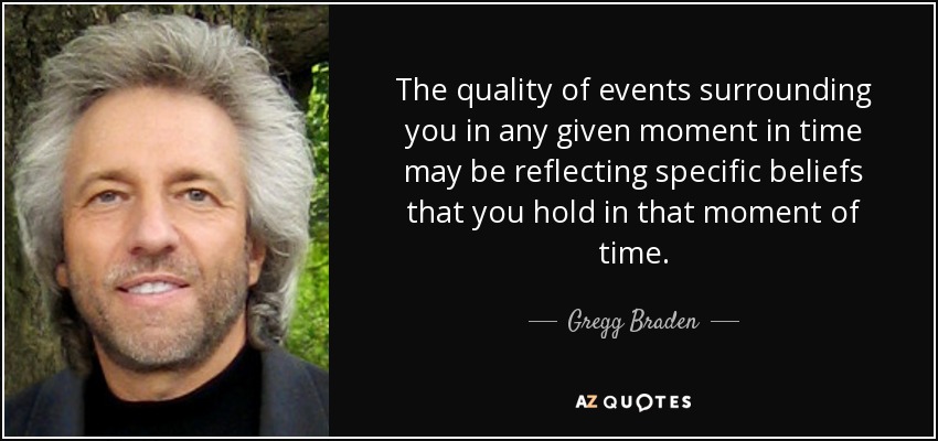 The quality of events surrounding you in any given moment in time may be reflecting specific beliefs that you hold in that moment of time. - Gregg Braden