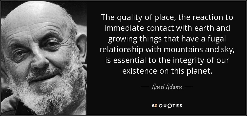 The quality of place, the reaction to immediate contact with earth and growing things that have a fugal relationship with mountains and sky, is essential to the integrity of our existence on this planet. - Ansel Adams
