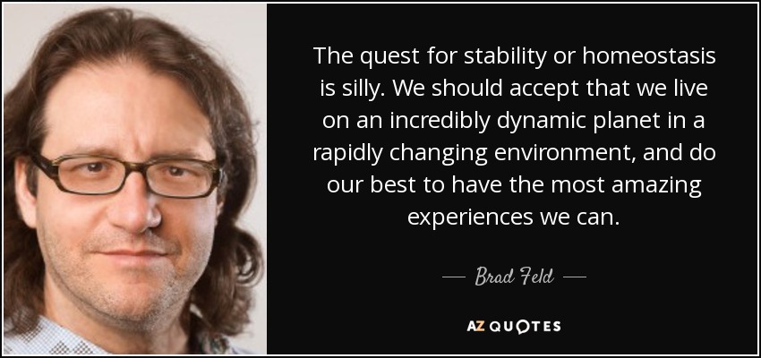 The quest for stability or homeostasis is silly. We should accept that we live on an incredibly dynamic planet in a rapidly changing environment, and do our best to have the most amazing experiences we can. - Brad Feld