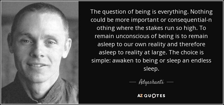 The question of being is everything. Nothing could be more important or consequential-n othing where the stakes run so high. To remain unconscious of being is to remain asleep to our own reality and therefore asleep to reality at large. The choice is simple: awaken to being or sleep an endless sleep. - Adyashanti