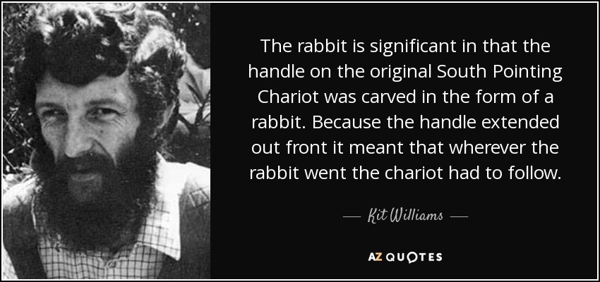 The rabbit is significant in that the handle on the original South Pointing Chariot was carved in the form of a rabbit. Because the handle extended out front it meant that wherever the rabbit went the chariot had to follow. - Kit Williams