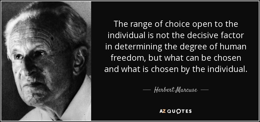 The range of choice open to the individual is not the decisive factor in determining the degree of human freedom, but what can be chosen and what is chosen by the individual. - Herbert Marcuse