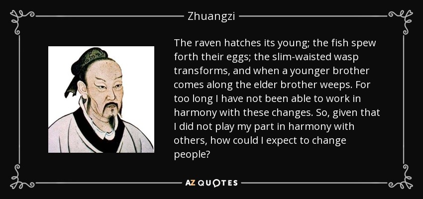The raven hatches its young; the fish spew forth their eggs; the slim-waisted wasp transforms, and when a younger brother comes along the elder brother weeps. For too long I have not been able to work in harmony with these changes. So, given that I did not play my part in harmony with others, how could I expect to change people? - Zhuangzi