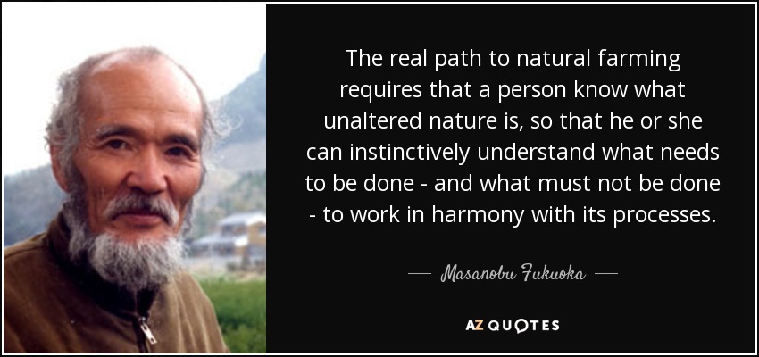 The real path to natural farming requires that a person know what unaltered nature is, so that he or she can instinctively understand what needs to be done - and what must not be done - to work in harmony with its processes. - Masanobu Fukuoka