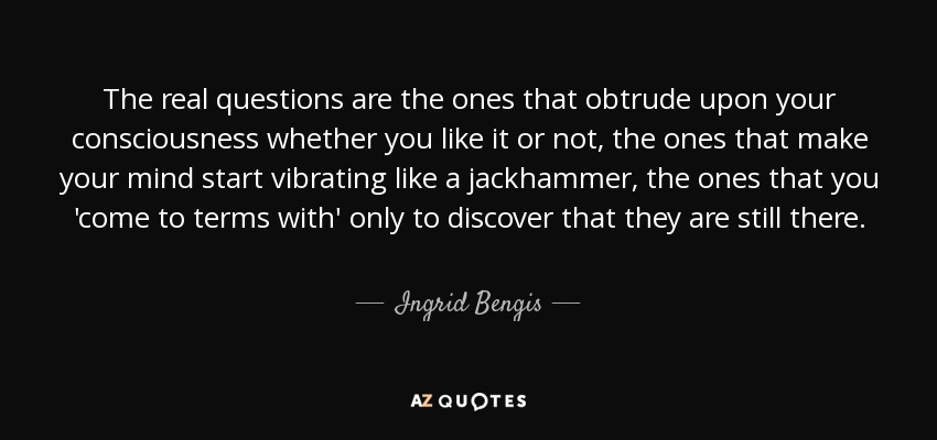 The real questions are the ones that obtrude upon your consciousness whether you like it or not, the ones that make your mind start vibrating like a jackhammer, the ones that you 'come to terms with' only to discover that they are still there. - Ingrid Bengis