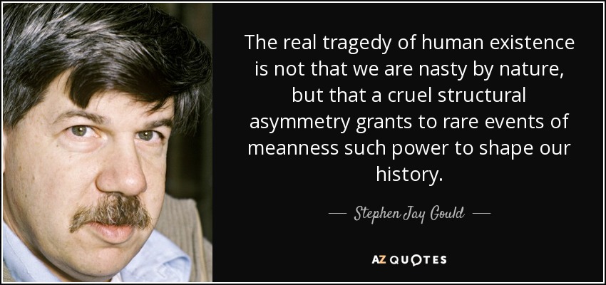The real tragedy of human existence is not that we are nasty by nature, but that a cruel structural asymmetry grants to rare events of meanness such power to shape our history. - Stephen Jay Gould