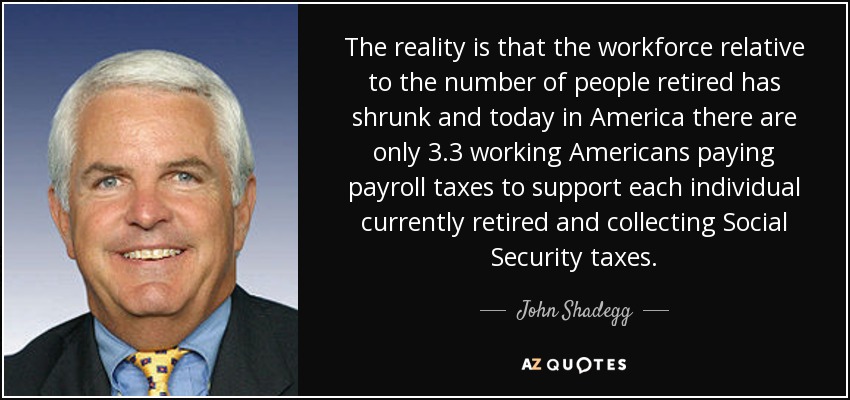 The reality is that the workforce relative to the number of people retired has shrunk and today in America there are only 3.3 working Americans paying payroll taxes to support each individual currently retired and collecting Social Security taxes. - John Shadegg