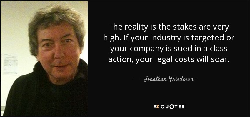 The reality is the stakes are very high. If your industry is targeted or your company is sued in a class action, your legal costs will soar. - Jonathan Friedman