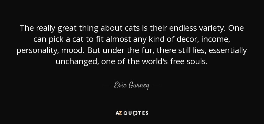 The really great thing about cats is their endless variety. One can pick a cat to fit almost any kind of decor, income, personality, mood. But under the fur, there still lies, essentially unchanged, one of the world's free souls. - Eric Gurney