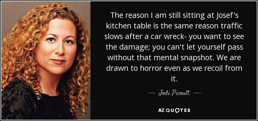 The reason I am still sitting at Josef's kitchen table is the same reason traffic slows after a car wreck- you want to see the damage; you can't let yourself pass without that mental snapshot. We are drawn to horror even as we recoil from it. - Jodi Picoult