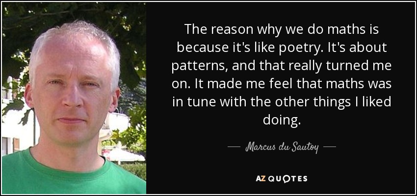 The reason why we do maths is because it's like poetry. It's about patterns, and that really turned me on. It made me feel that maths was in tune with the other things I liked doing. - Marcus du Sautoy
