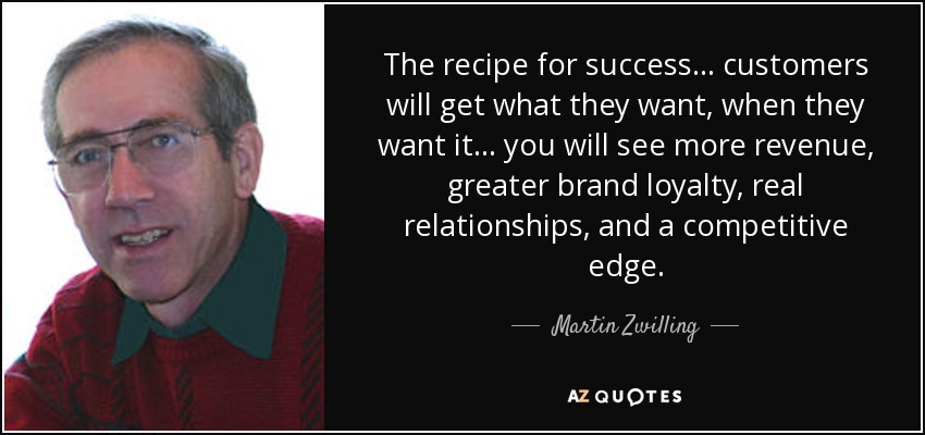 The recipe for success . . . customers will get what they want, when they want it . . . you will see more revenue, greater brand loyalty, real relationships, and a competitive edge. - Martin Zwilling