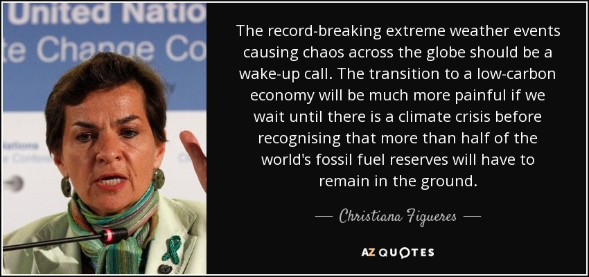The record-breaking extreme weather events causing chaos across the globe should be a wake-up call. The transition to a low-carbon economy will be much more painful if we wait until there is a climate crisis before recognising that more than half of the world's fossil fuel reserves will have to remain in the ground. - Christiana Figueres