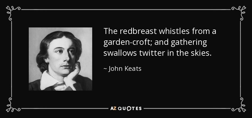 The redbreast whistles from a garden-croft; and gathering swallows twitter in the skies. - John Keats