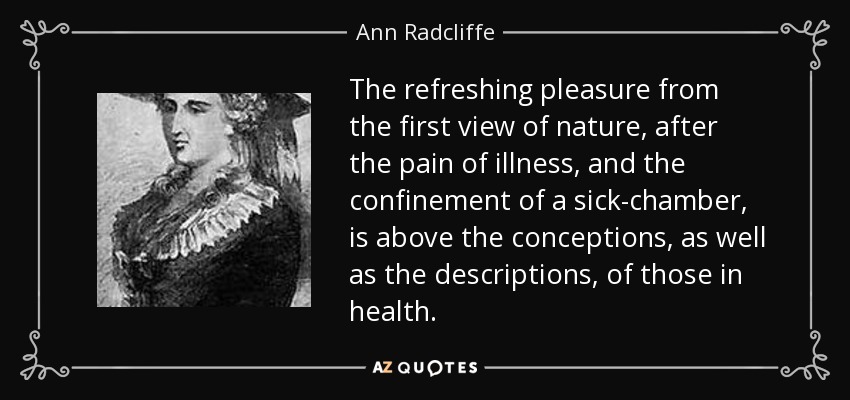 The refreshing pleasure from the first view of nature, after the pain of illness, and the confinement of a sick-chamber, is above the conceptions, as well as the descriptions, of those in health. - Ann Radcliffe