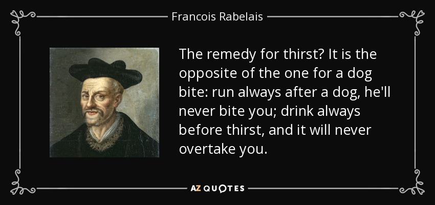 The remedy for thirst? It is the opposite of the one for a dog bite: run always after a dog, he'll never bite you; drink always before thirst, and it will never overtake you. - Francois Rabelais