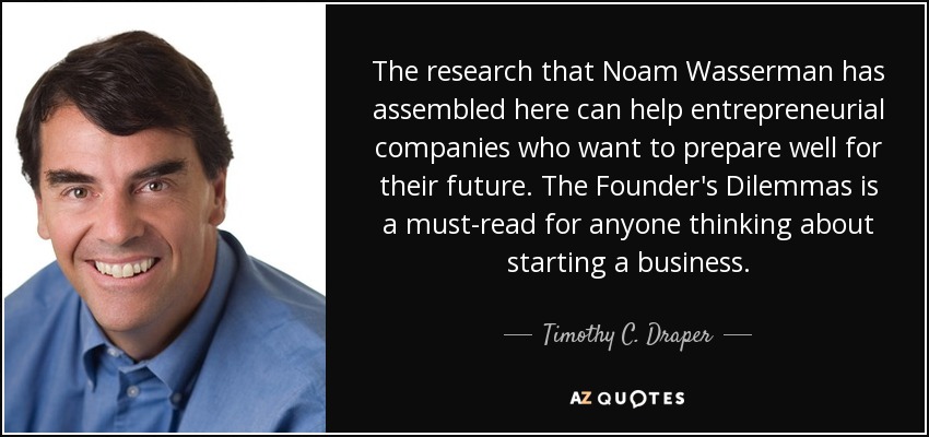 The research that Noam Wasserman has assembled here can help entrepreneurial companies who want to prepare well for their future. The Founder's Dilemmas is a must-read for anyone thinking about starting a business. - Timothy C. Draper