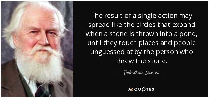 The result of a single action may spread like the circles that expand when a stone is thrown into a pond, until they touch places and people unguessed at by the person who threw the stone. - Robertson Davies