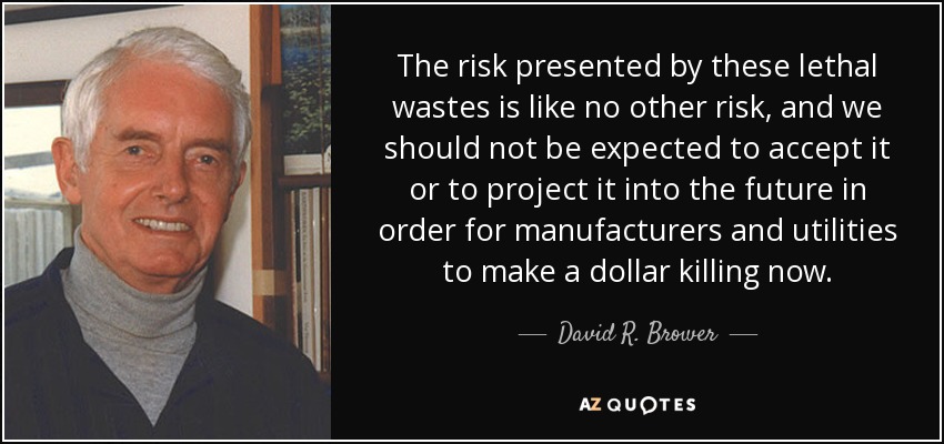 The risk presented by these lethal wastes is like no other risk, and we should not be expected to accept it or to project it into the future in order for manufacturers and utilities to make a dollar killing now. - David R. Brower