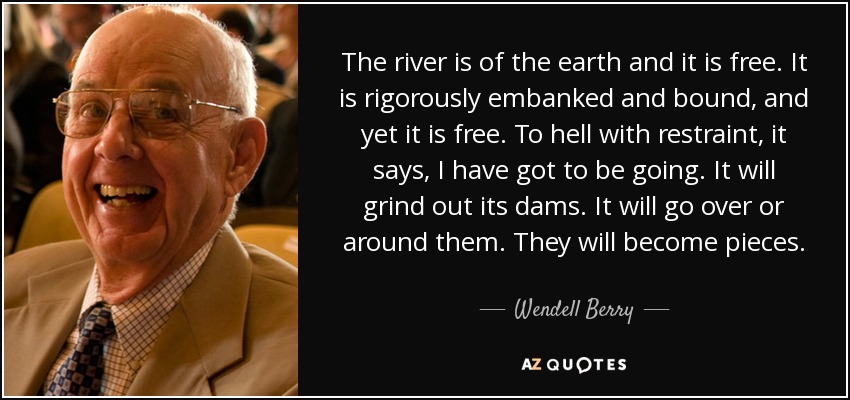 The river is of the earth and it is free. It is rigorously embanked and bound, and yet it is free. To hell with restraint, it says, I have got to be going. It will grind out its dams. It will go over or around them. They will become pieces. - Wendell Berry