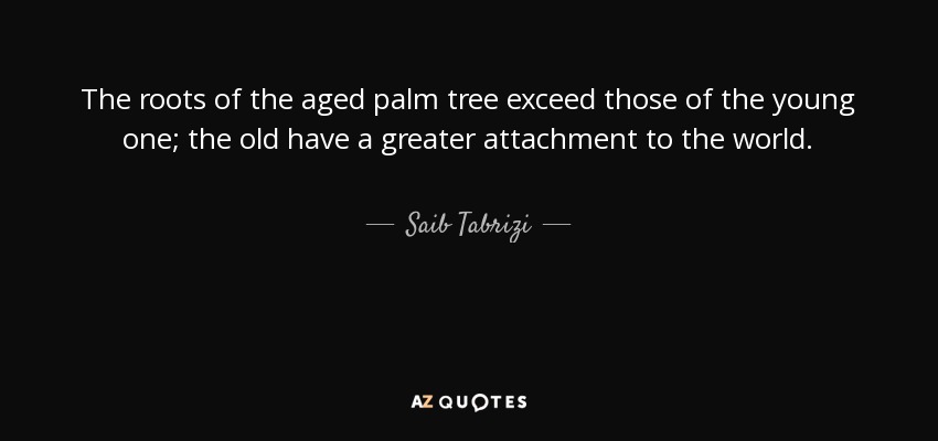 The roots of the aged palm tree exceed those of the young one; the old have a greater attachment to the world. - Saib Tabrizi