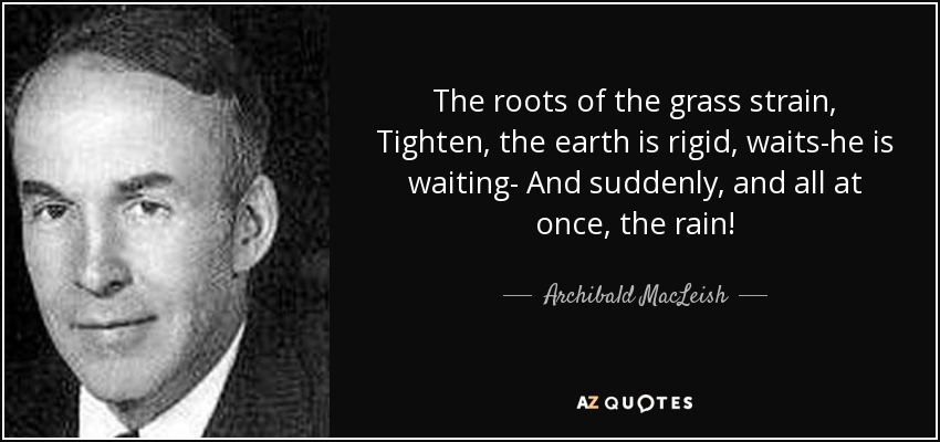 The roots of the grass strain, Tighten, the earth is rigid, waits-he is waiting- And suddenly, and all at once, the rain! - Archibald MacLeish