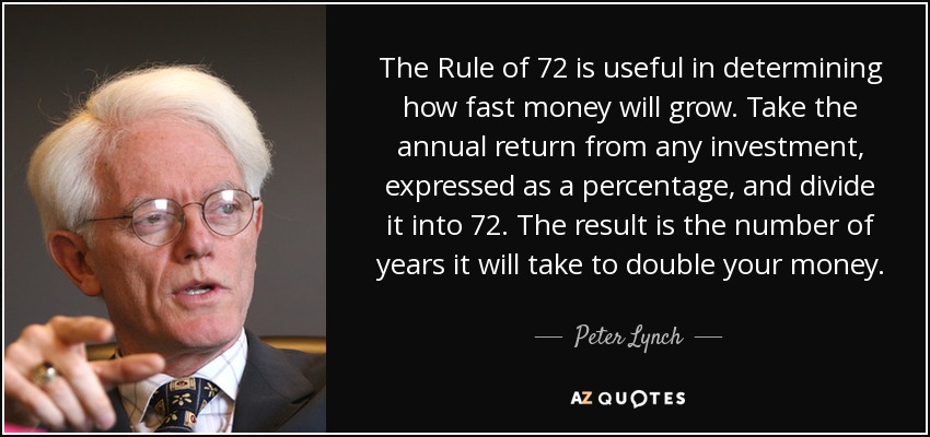 The Rule of 72 is useful in determining how fast money will grow. Take the annual return from any investment, expressed as a percentage, and divide it into 72. The result is the number of years it will take to double your money. - Peter Lynch