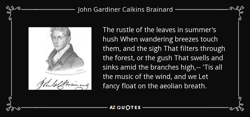 The rustle of the leaves in summer's hush When wandering breezes touch them, and the sigh That filters through the forest, or the gush That swells and sinks amid the branches high,-- 'Tis all the music of the wind, and we Let fancy float on the aeolian breath. - John Gardiner Calkins Brainard
