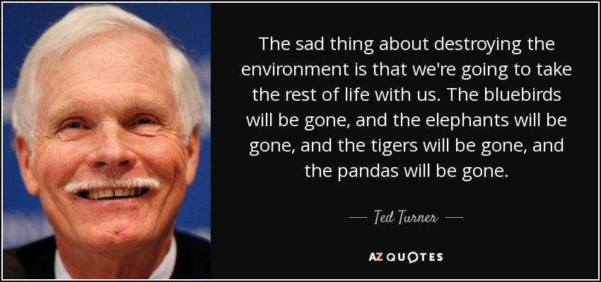 The sad thing about destroying the environment is that we're going to take the rest of life with us. The bluebirds will be gone, and the elephants will be gone, and the tigers will be gone, and the pandas will be gone. - Ted Turner
