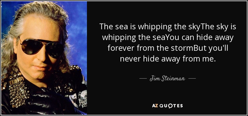 The sea is whipping the skyThe sky is whipping the seaYou can hide away forever from the stormBut you'll never hide away from me. - Jim Steinman