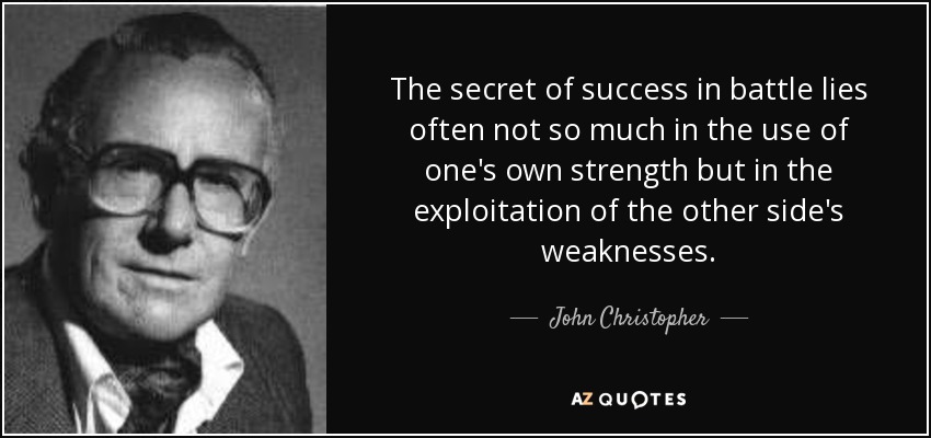 The secret of success in battle lies often not so much in the use of one's own strength but in the exploitation of the other side's weaknesses. - John Christopher