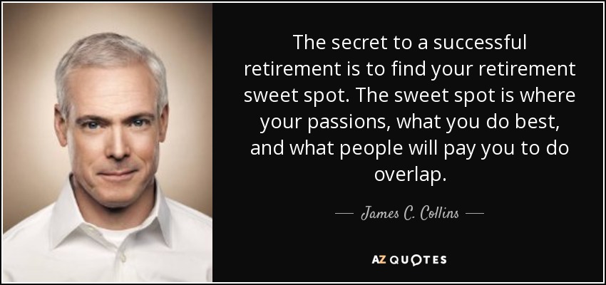 The secret to a successful retirement is to find your retirement sweet spot. The sweet spot is where your passions, what you do best, and what people will pay you to do overlap. - James C. Collins