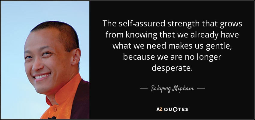 The self-assured strength that grows from knowing that we already have what we need makes us gentle, because we are no longer desperate. - Sakyong Mipham