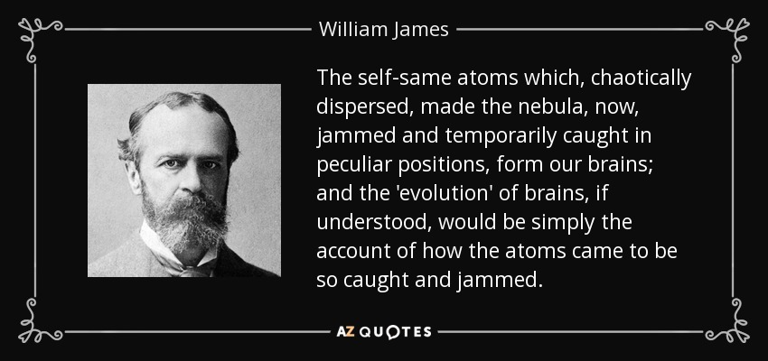 The self-same atoms which, chaotically dispersed, made the nebula, now, jammed and temporarily caught in peculiar positions, form our brains; and the 'evolution' of brains, if understood, would be simply the account of how the atoms came to be so caught and jammed. - William James