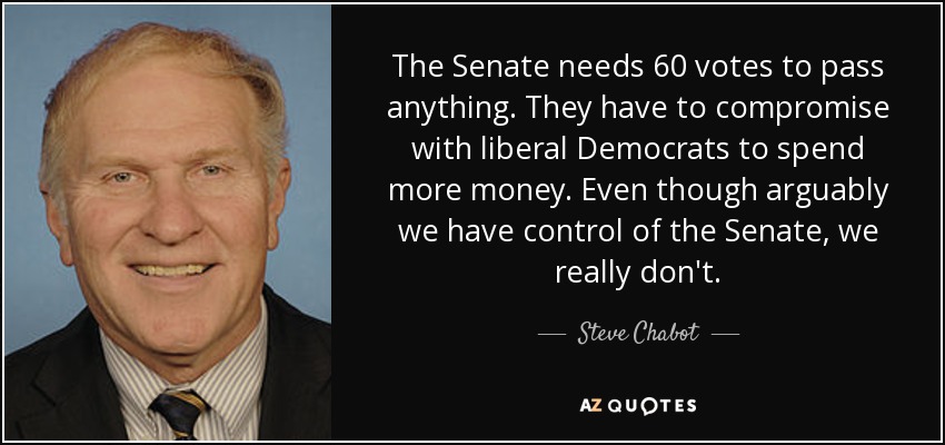 The Senate needs 60 votes to pass anything. They have to compromise with liberal Democrats to spend more money. Even though arguably we have control of the Senate, we really don't. - Steve Chabot