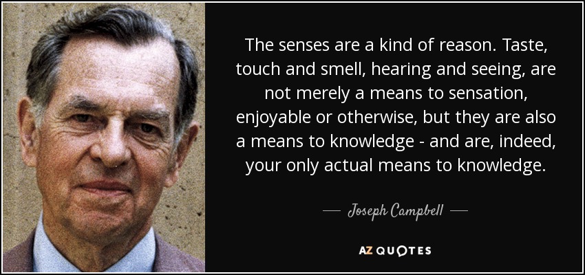The senses are a kind of reason. Taste, touch and smell, hearing and seeing, are not merely a means to sensation, enjoyable or otherwise, but they are also a means to knowledge - and are, indeed, your only actual means to knowledge. - Joseph Campbell