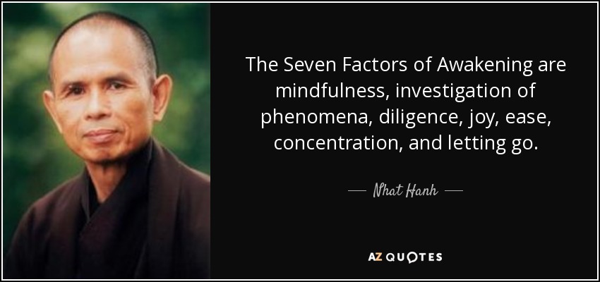 The Seven Factors of Awakening are mindfulness, investigation of phenomena, diligence, joy, ease, concentration, and letting go. - Nhat Hanh