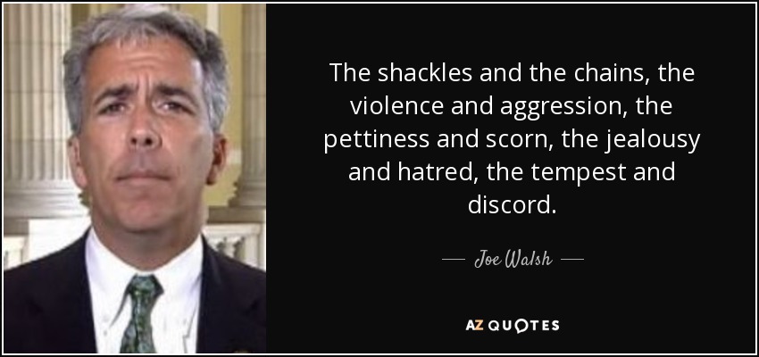 The shackles and the chains, the violence and aggression, the pettiness and scorn, the jealousy and hatred, the tempest and discord. - Joe Walsh
