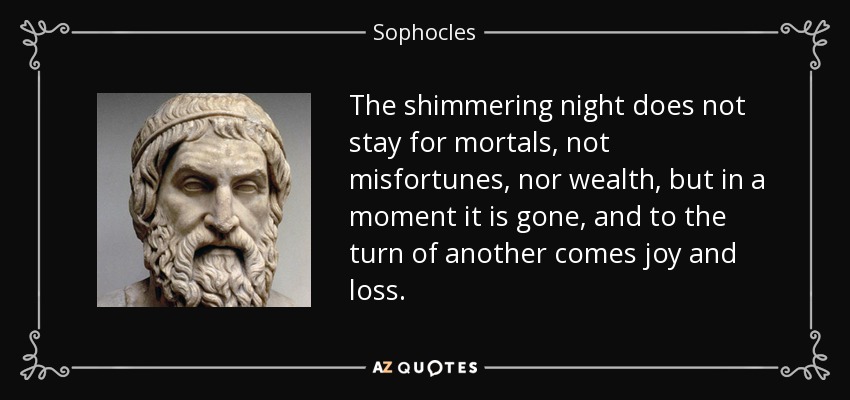 The shimmering night does not stay for mortals, not misfortunes, nor wealth, but in a moment it is gone, and to the turn of another comes joy and loss. - Sophocles