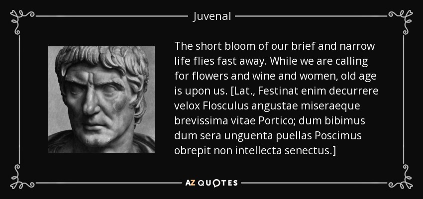 The short bloom of our brief and narrow life flies fast away. While we are calling for flowers and wine and women, old age is upon us. [Lat., Festinat enim decurrere velox Flosculus angustae miseraeque brevissima vitae Portico; dum bibimus dum sera unguenta puellas Poscimus obrepit non intellecta senectus.] - Juvenal