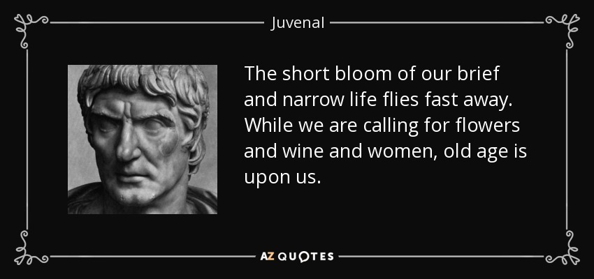 The short bloom of our brief and narrow life flies fast away. While we are calling for flowers and wine and women, old age is upon us. - Juvenal