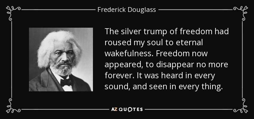 The silver trump of freedom had roused my soul to eternal wakefulness. Freedom now appeared, to disappear no more forever. It was heard in every sound, and seen in every thing. - Frederick Douglass