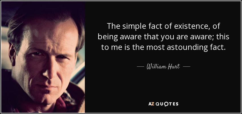 The simple fact of existence, of being aware that you are aware; this to me is the most astounding fact. - William Hurt