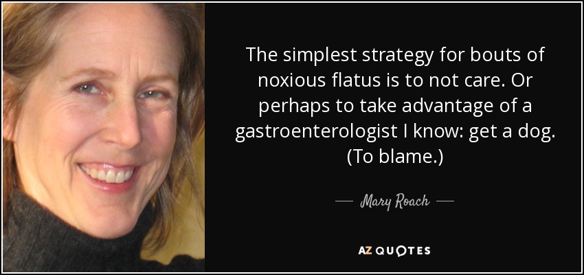 The simplest strategy for bouts of noxious flatus is to not care. Or perhaps to take advantage of a gastroenterologist I know: get a dog. (To blame.) - Mary Roach