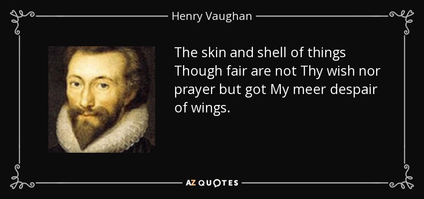 The skin and shell of things Though fair are not Thy wish nor prayer but got My meer despair of wings. - Henry Vaughan