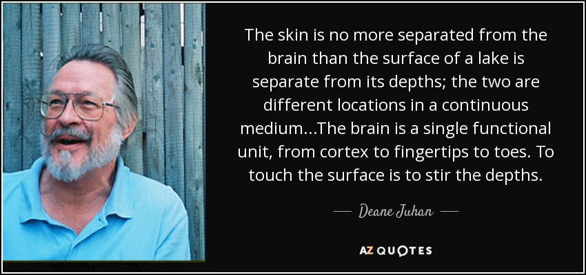 The skin is no more separated from the brain than the surface of a lake is separate from its depths; the two are different locations in a continuous medium...The brain is a single functional unit, from cortex to fingertips to toes. To touch the surface is to stir the depths. - Deane Juhan