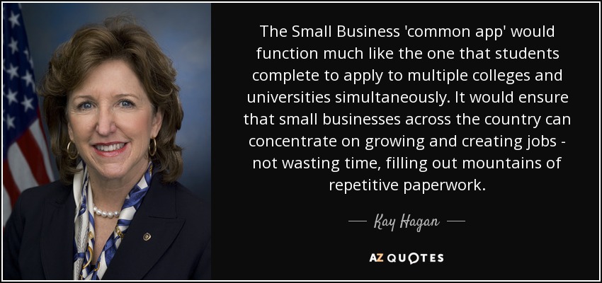 The Small Business 'common app' would function much like the one that students complete to apply to multiple colleges and universities simultaneously. It would ensure that small businesses across the country can concentrate on growing and creating jobs - not wasting time, filling out mountains of repetitive paperwork. - Kay Hagan