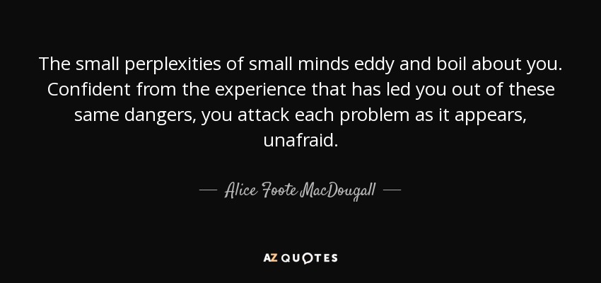 The small perplexities of small minds eddy and boil about you. Confident from the experience that has led you out of these same dangers, you attack each problem as it appears, unafraid. - Alice Foote MacDougall